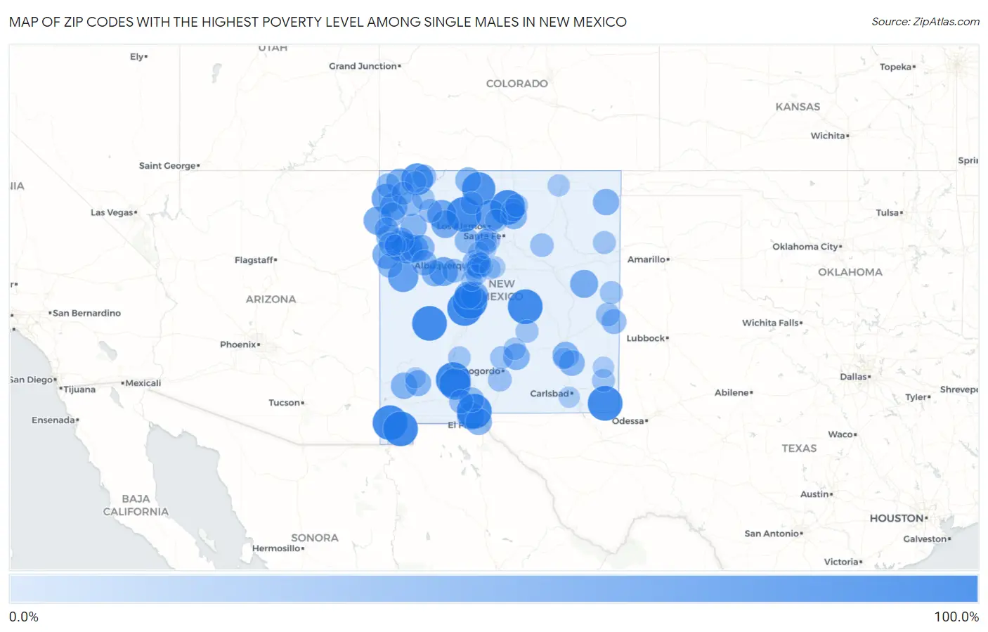 Zip Codes with the Highest Poverty Level Among Single Males in New Mexico Map