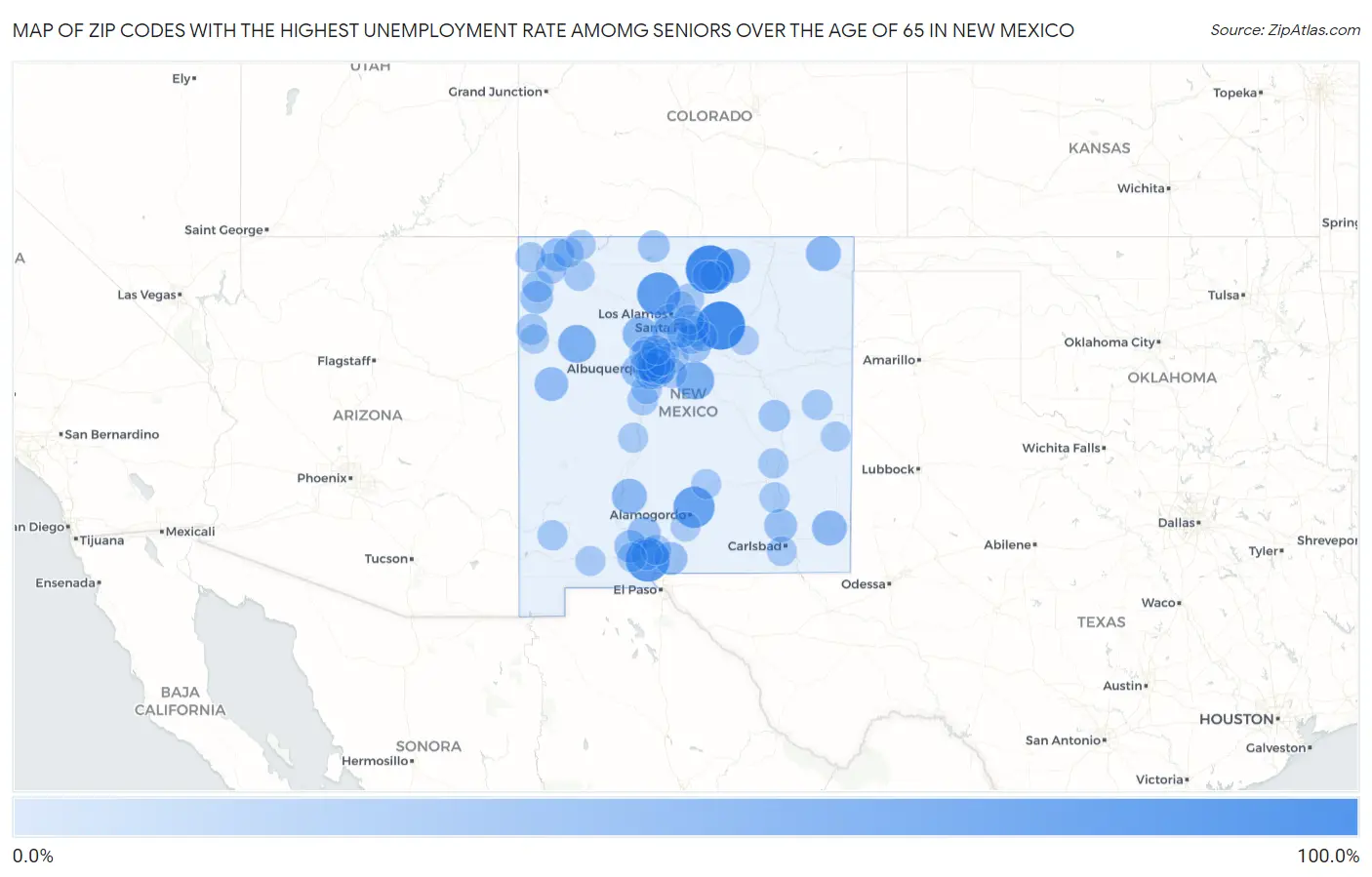 Zip Codes with the Highest Unemployment Rate Amomg Seniors Over the Age of 65 in New Mexico Map