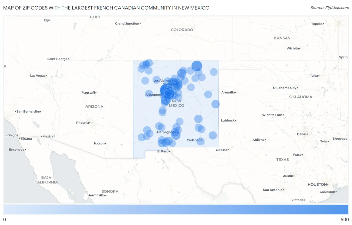 Zip Codes with the Largest French Canadian Community in New Mexico Map
