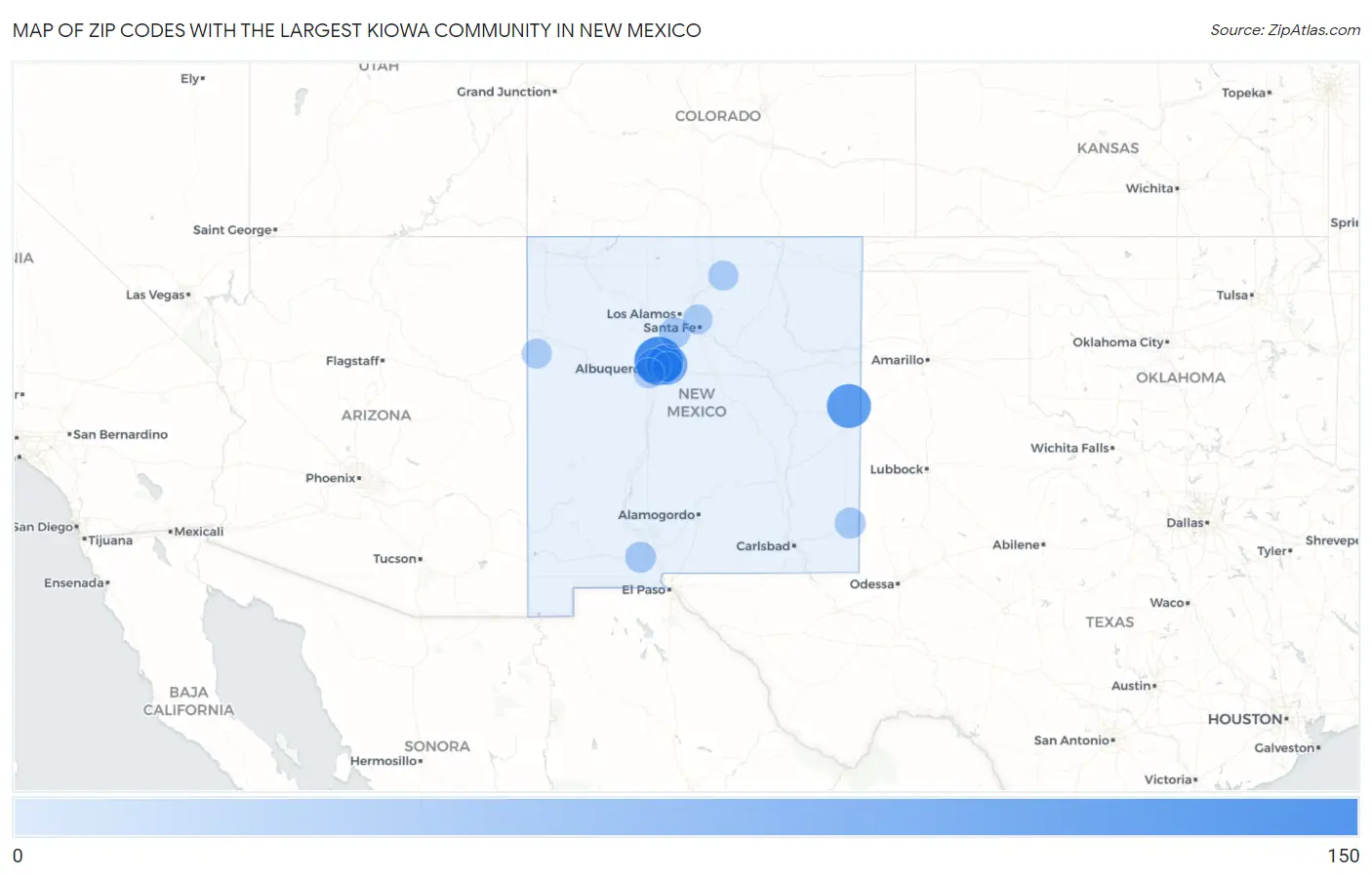 Zip Codes with the Largest Kiowa Community in New Mexico Map
