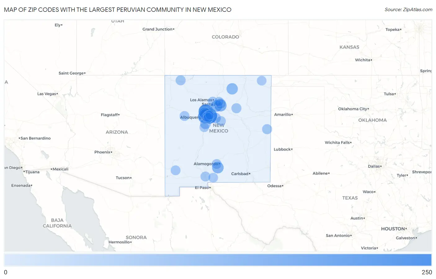 Zip Codes with the Largest Peruvian Community in New Mexico Map