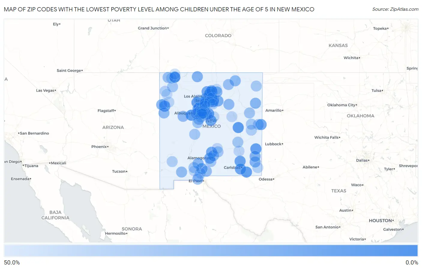 Zip Codes with the Lowest Poverty Level Among Children Under the Age of 5 in New Mexico Map