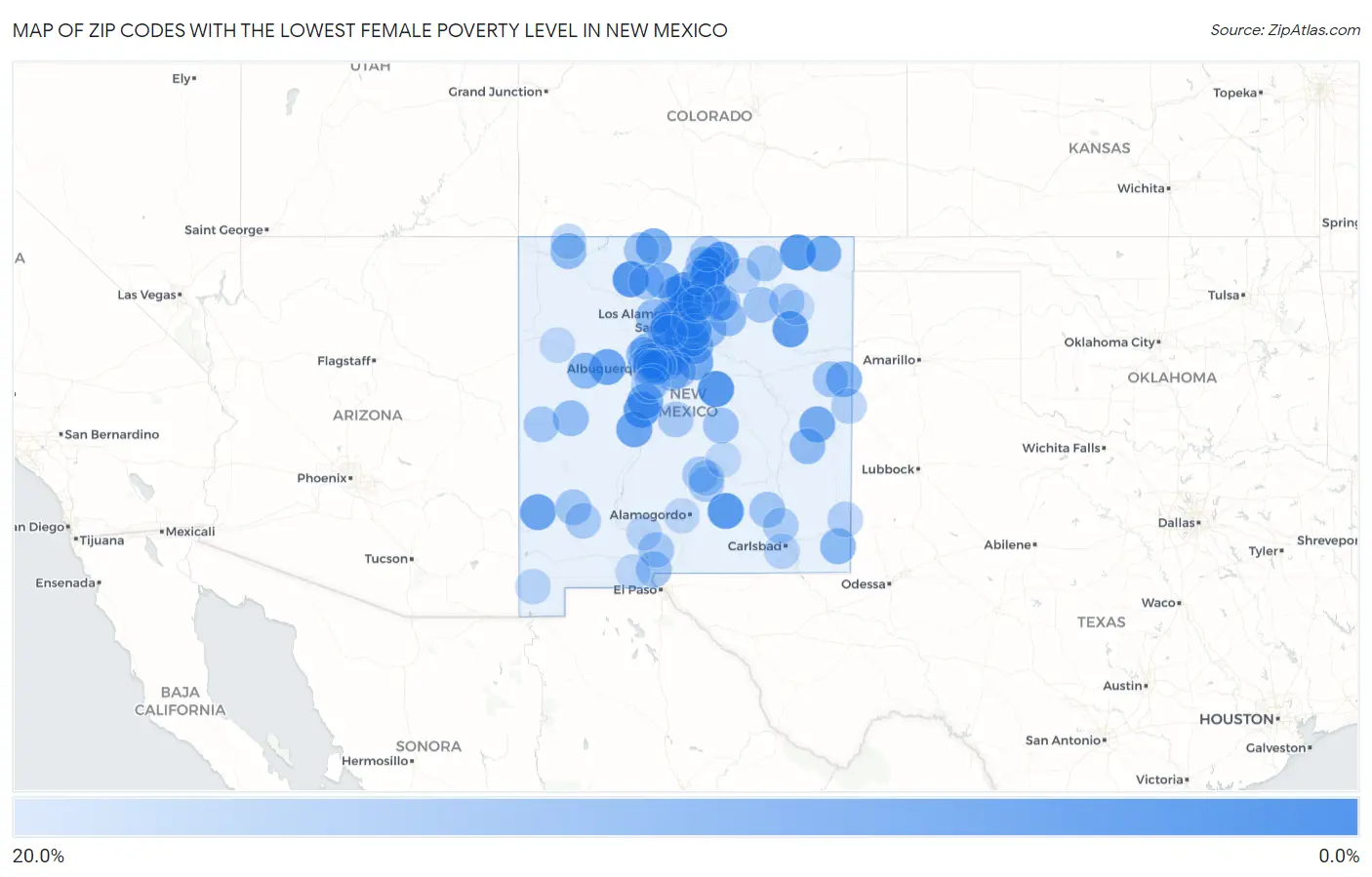 Zip Codes with the Lowest Female Poverty Level in New Mexico Map