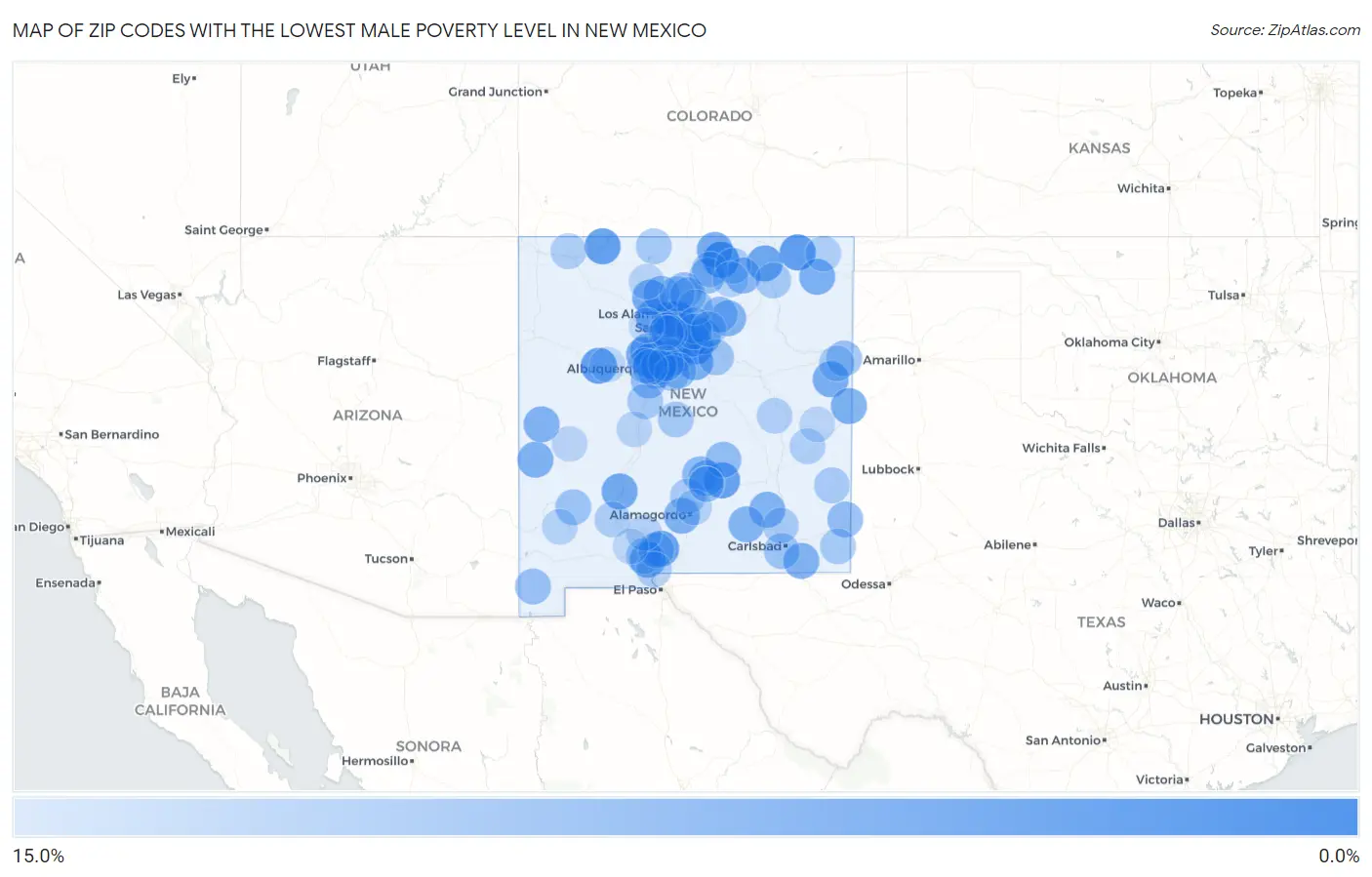 Zip Codes with the Lowest Male Poverty Level in New Mexico Map