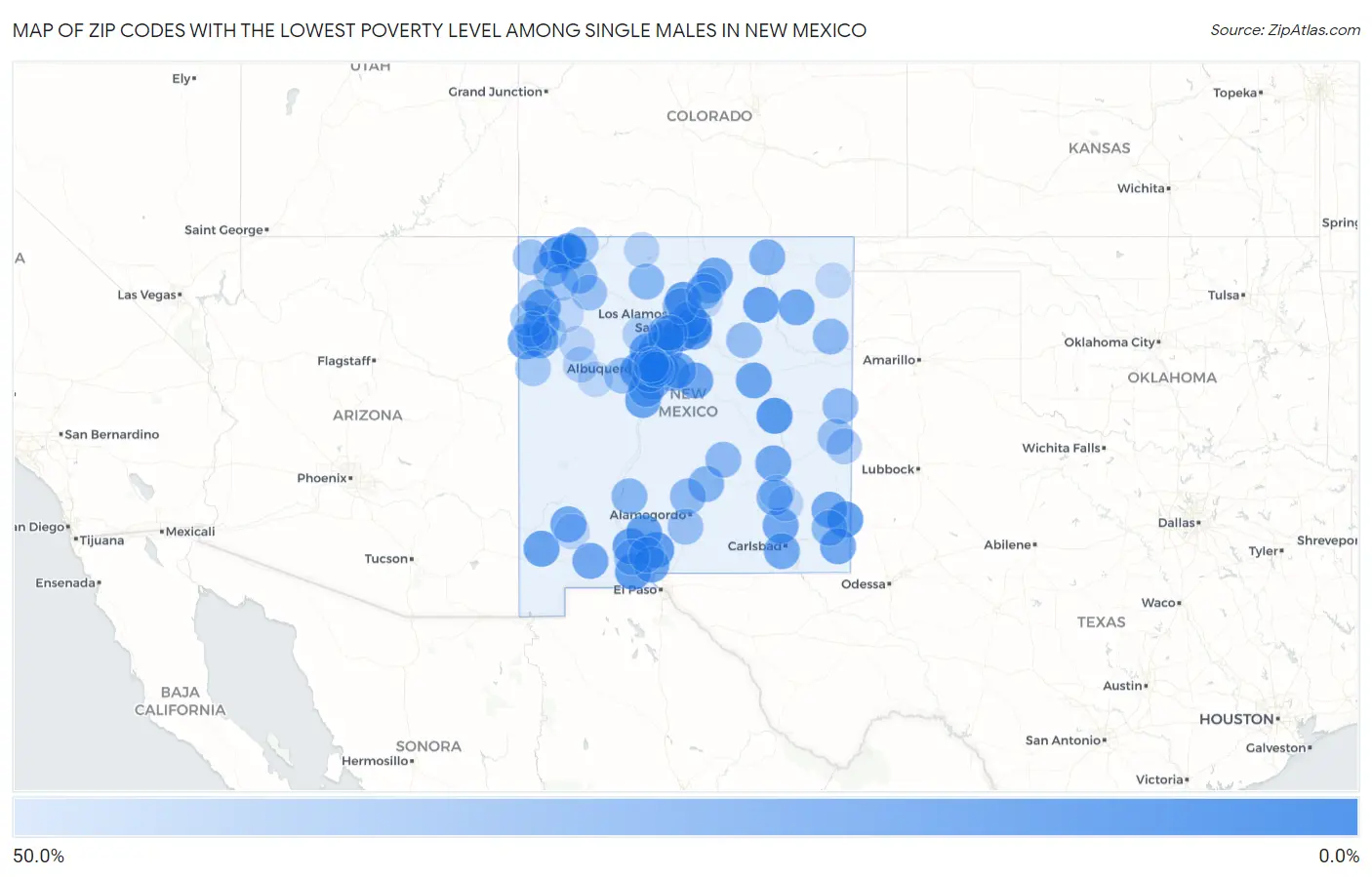 Zip Codes with the Lowest Poverty Level Among Single Males in New Mexico Map