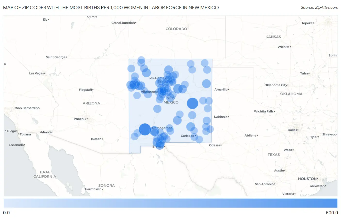 Zip Codes with the Most Births per 1,000 Women in Labor Force in New Mexico Map