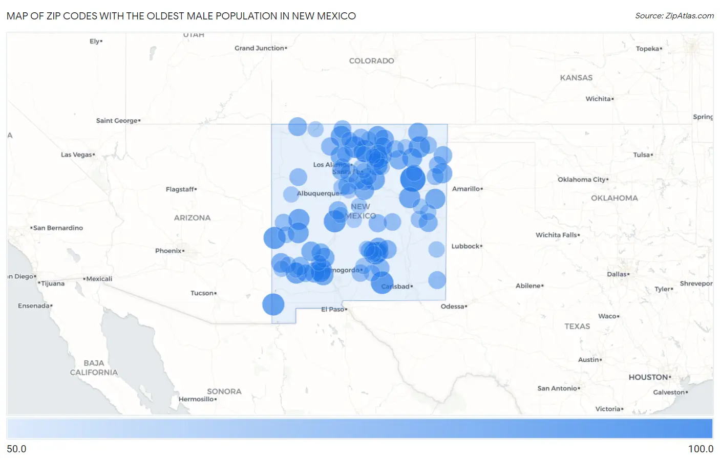 Zip Codes with the Oldest Male Population in New Mexico Map