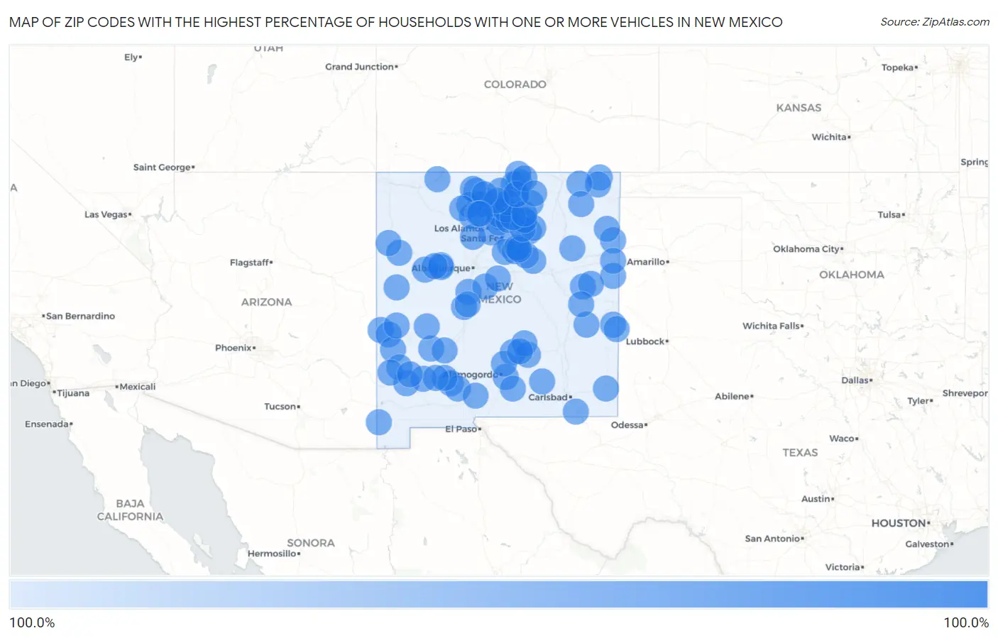 Zip Codes with the Highest Percentage of Households With One or more Vehicles in New Mexico Map