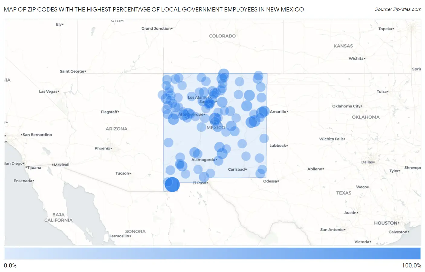 Zip Codes with the Highest Percentage of Local Government Employees in New Mexico Map