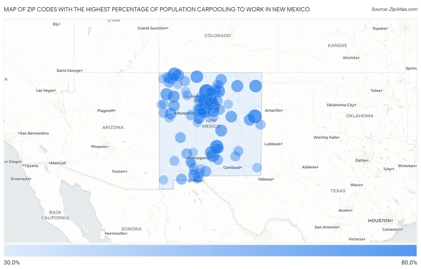 Zip Codes with the Highest Percentage of Population Carpooling to Work in New Mexico Map
