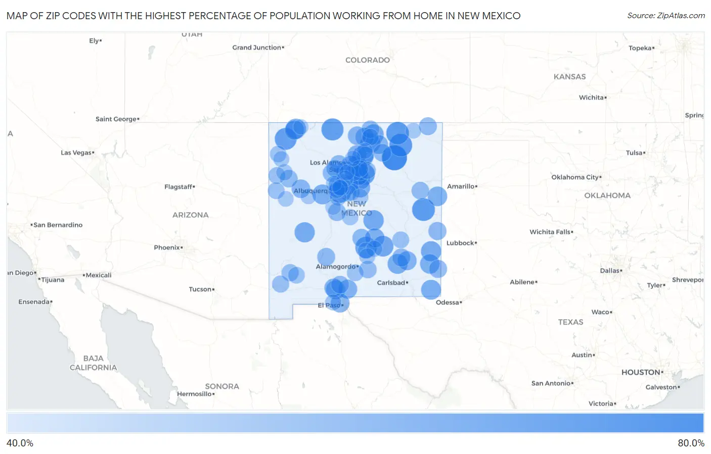 Zip Codes with the Highest Percentage of Population Working from Home in New Mexico Map