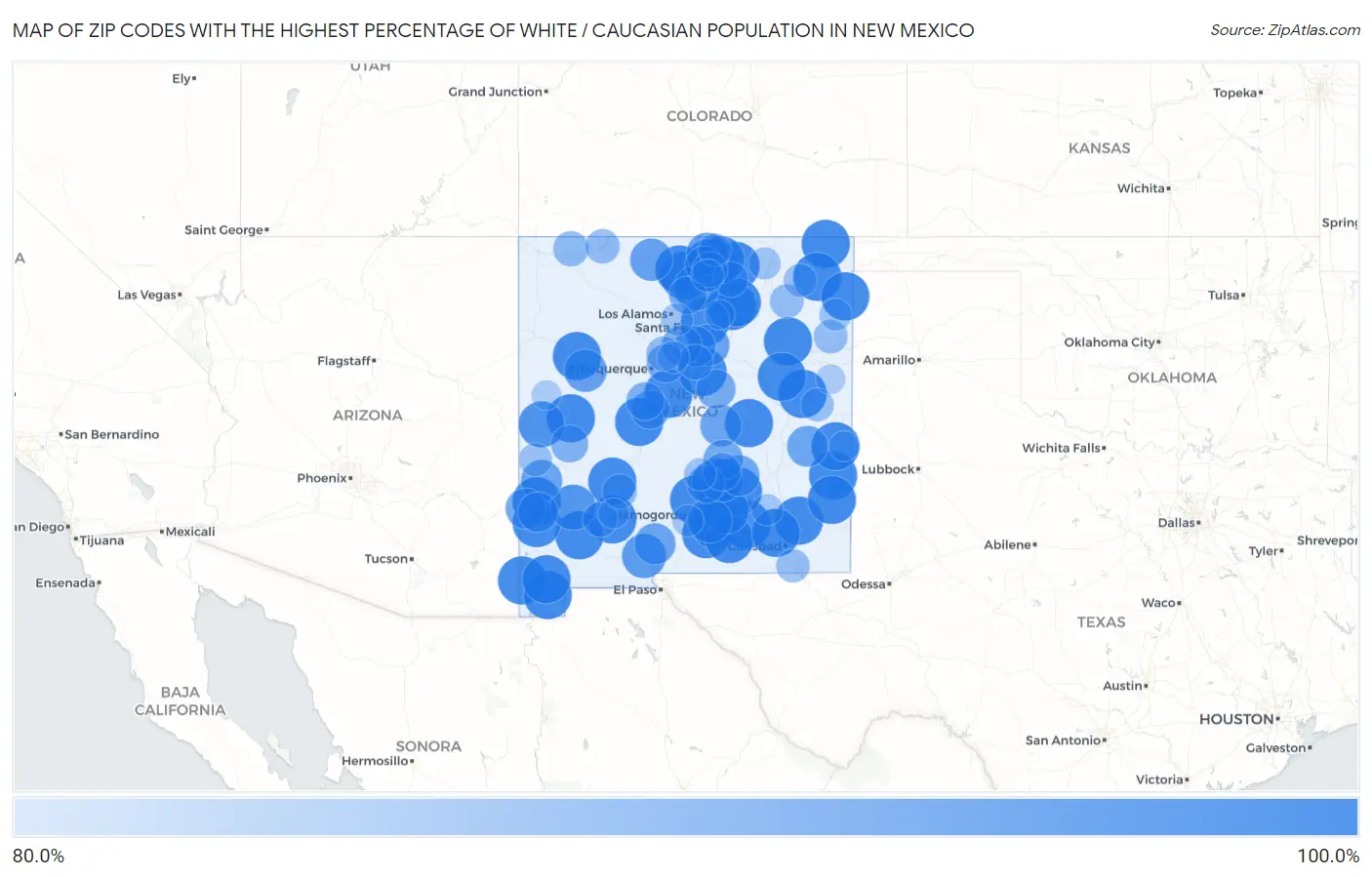 Zip Codes with the Highest Percentage of White / Caucasian Population in New Mexico Map