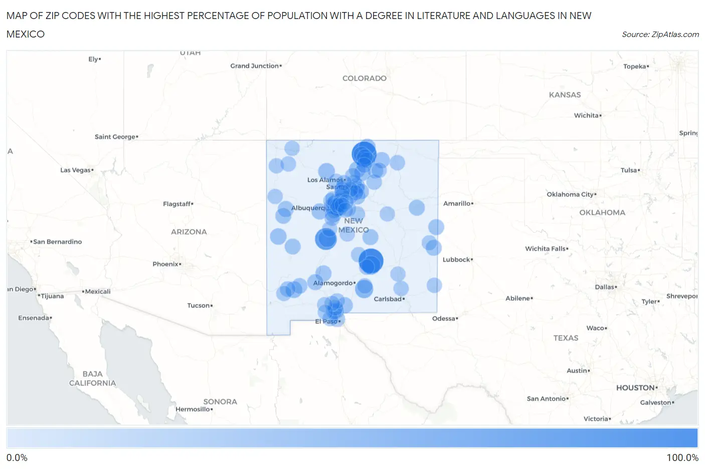 Zip Codes with the Highest Percentage of Population with a Degree in Literature and Languages in New Mexico Map