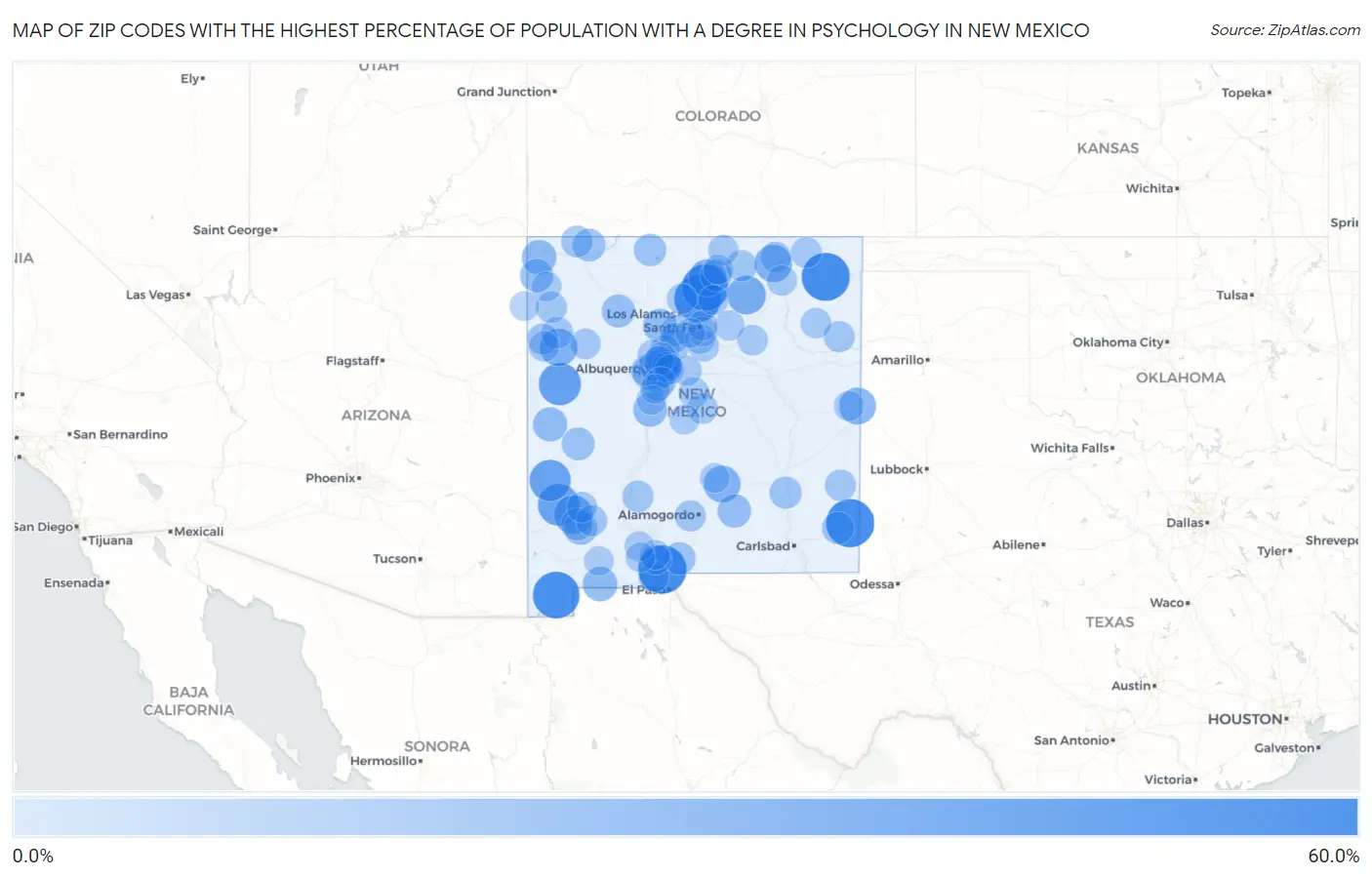 Zip Codes with the Highest Percentage of Population with a Degree in Psychology in New Mexico Map