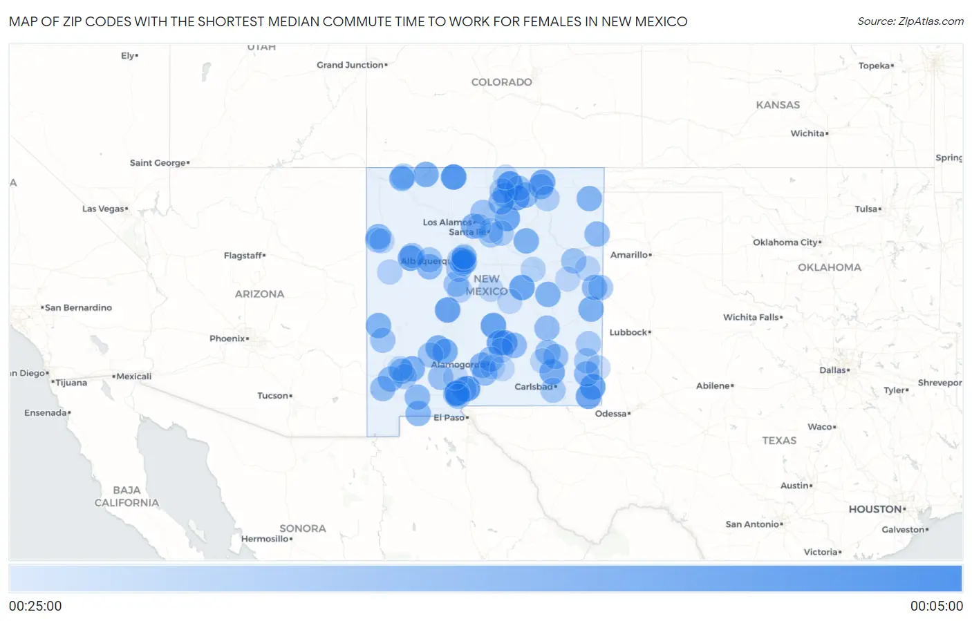 Zip Codes with the Shortest Median Commute Time to Work for Females in New Mexico Map