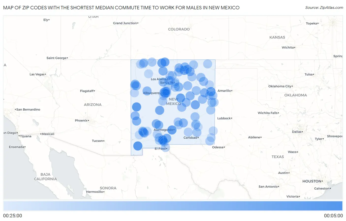 Zip Codes with the Shortest Median Commute Time to Work for Males in New Mexico Map