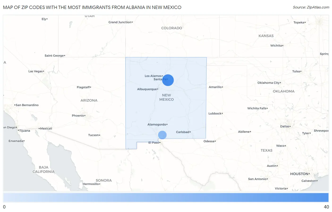 Zip Codes with the Most Immigrants from Albania in New Mexico Map