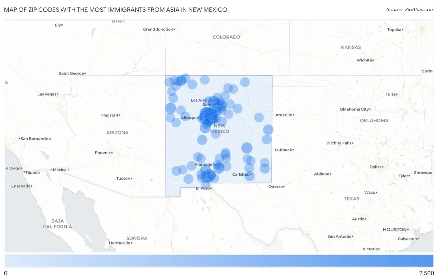 Zip Codes with the Most Immigrants from Asia in New Mexico Map