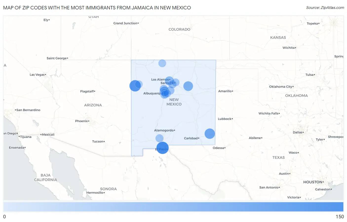Zip Codes with the Most Immigrants from Jamaica in New Mexico Map