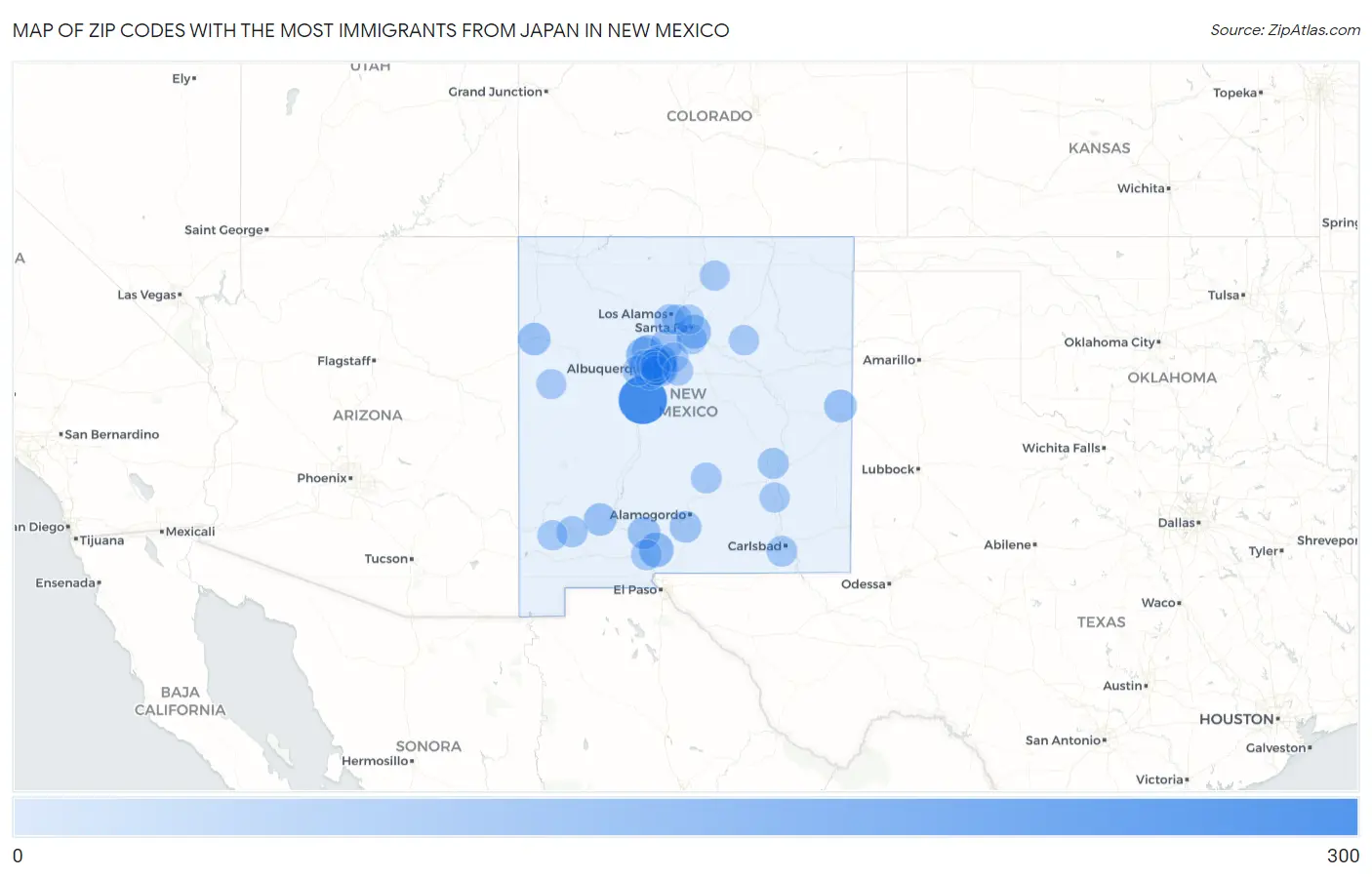 Zip Codes with the Most Immigrants from Japan in New Mexico Map