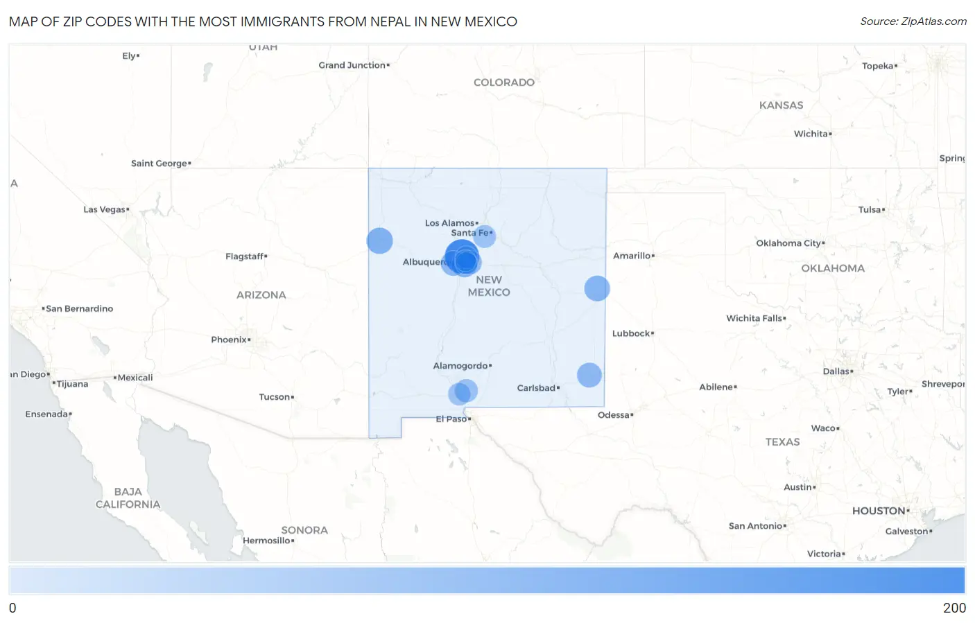 Zip Codes with the Most Immigrants from Nepal in New Mexico Map