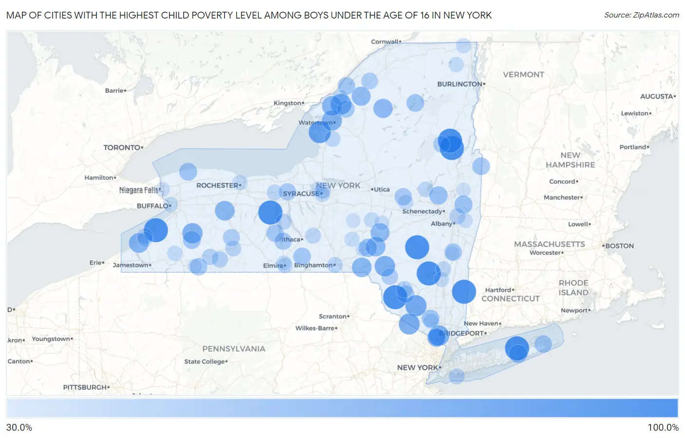 Cities with the Highest Child Poverty Level Among Boys Under the Age of 16 in New York Map