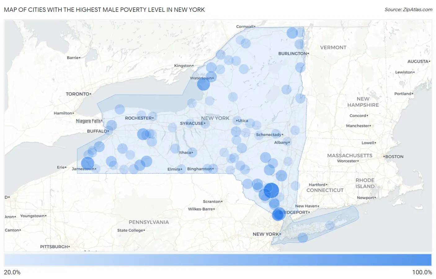 Cities with the Highest Male Poverty Level in New York Map