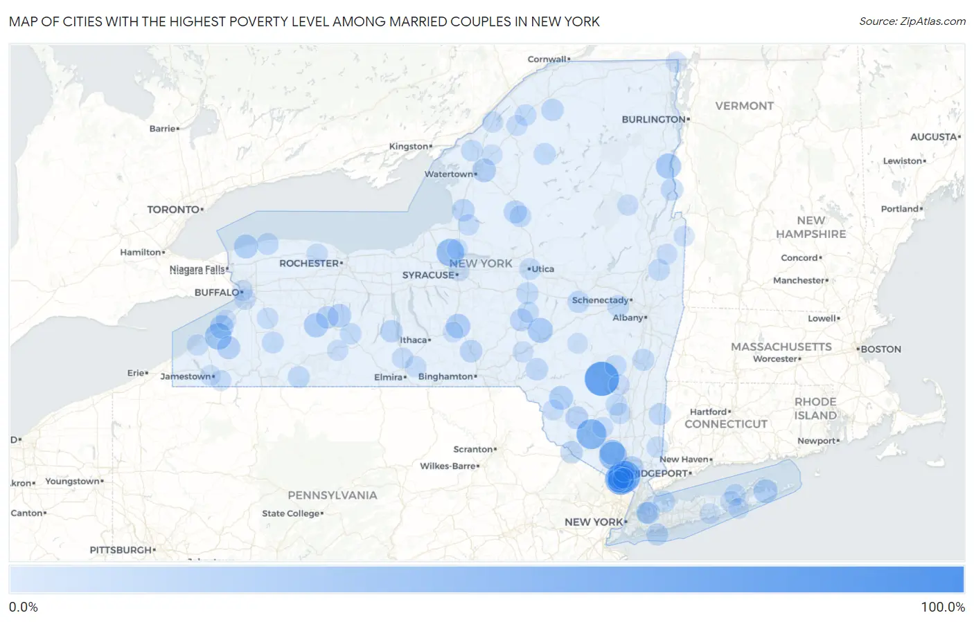 Cities with the Highest Poverty Level Among Married Couples in New York Map