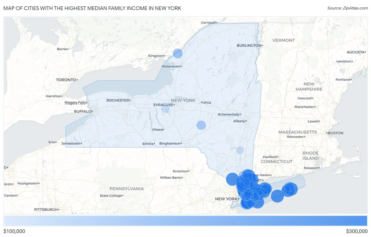 Cities with the Highest Median Family Income in New York Map