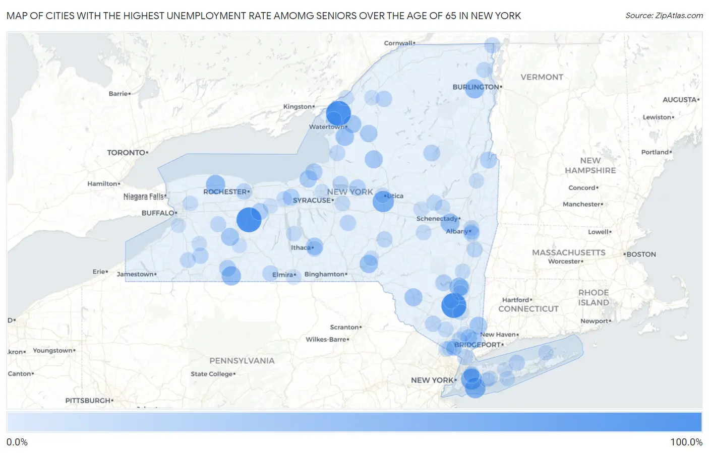 Cities with the Highest Unemployment Rate Amomg Seniors Over the Age of 65 in New York Map