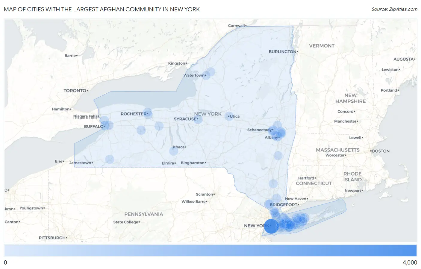 Cities with the Largest Afghan Community in New York Map