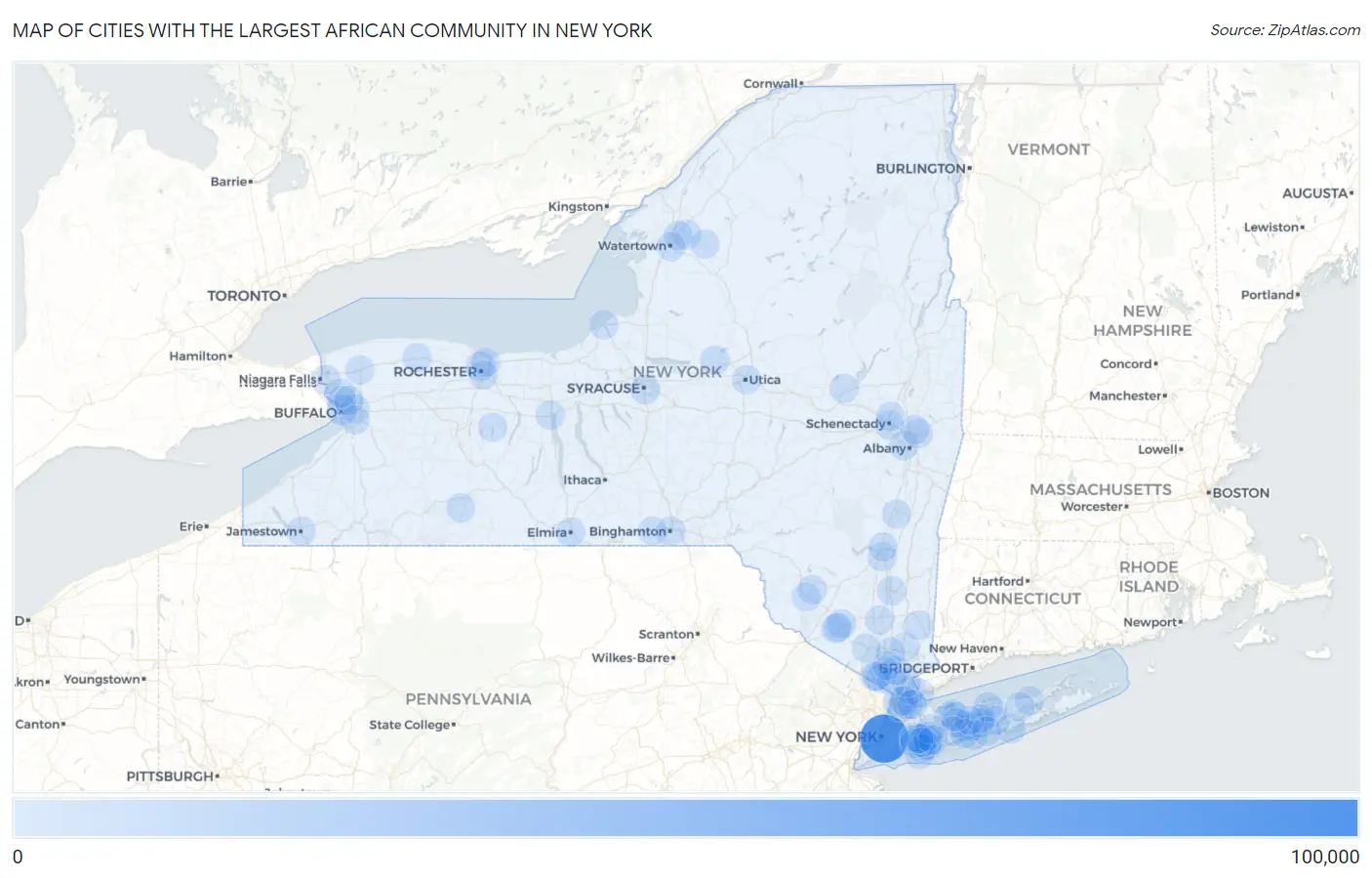 Cities with the Largest African Community in New York Map