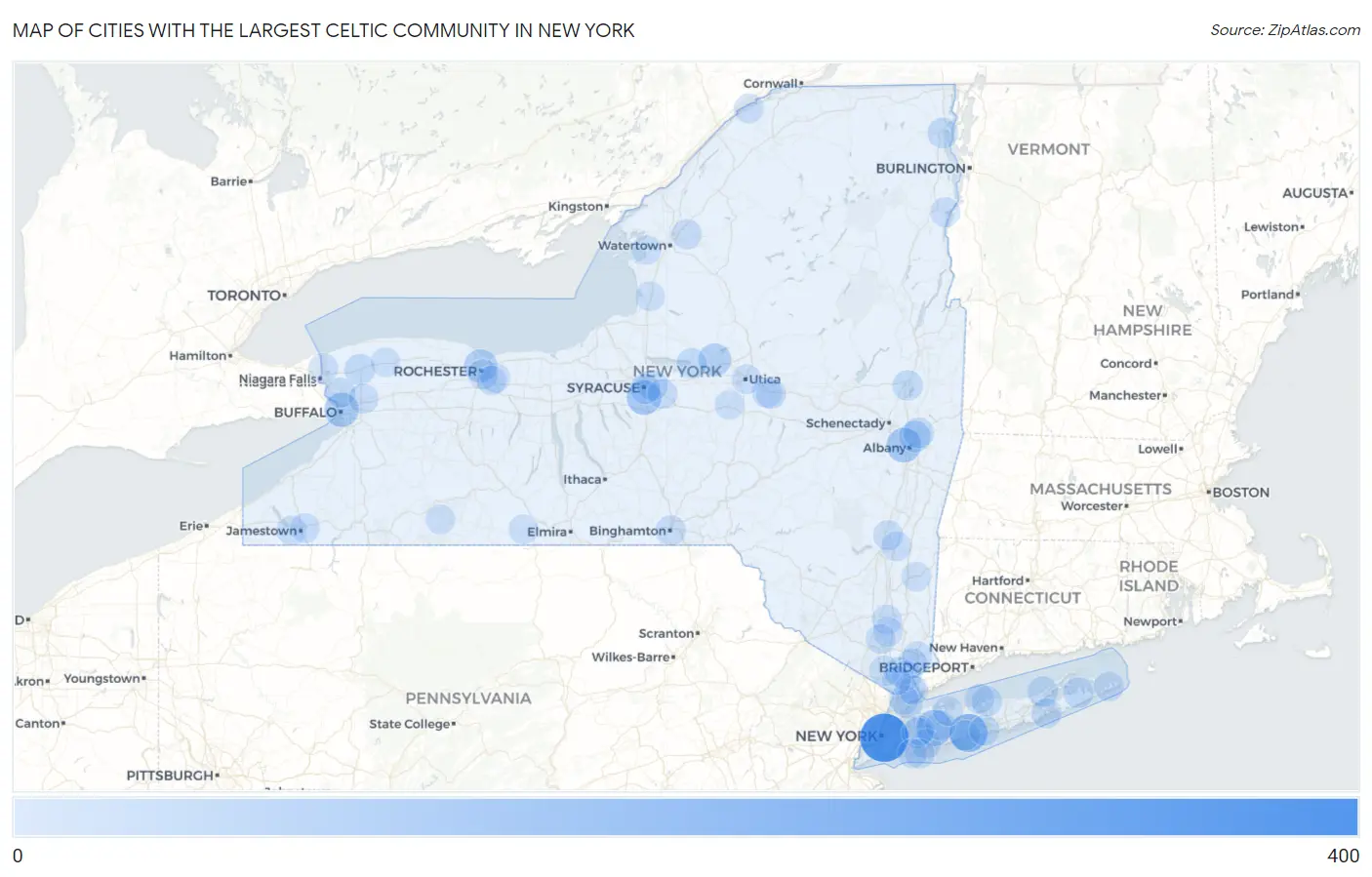 Cities with the Largest Celtic Community in New York Map