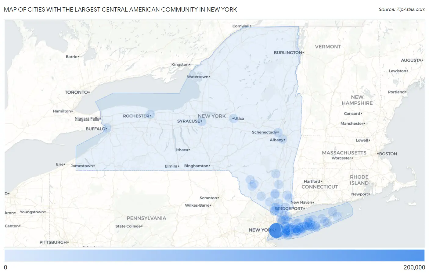 Cities with the Largest Central American Community in New York Map