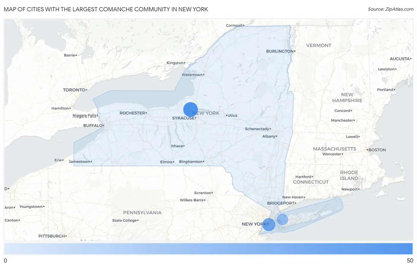 Cities with the Largest Comanche Community in New York Map