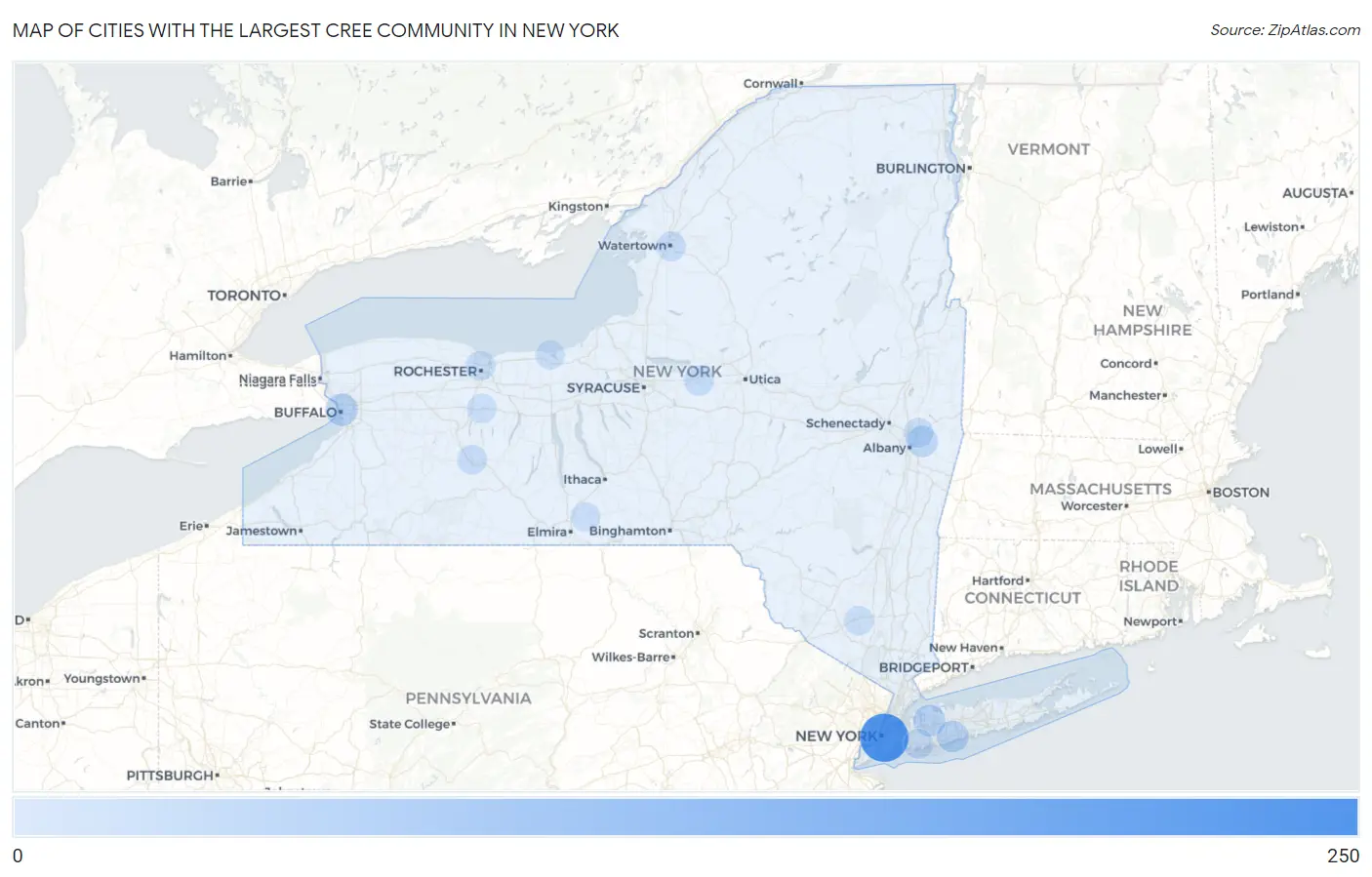 Cities with the Largest Cree Community in New York Map