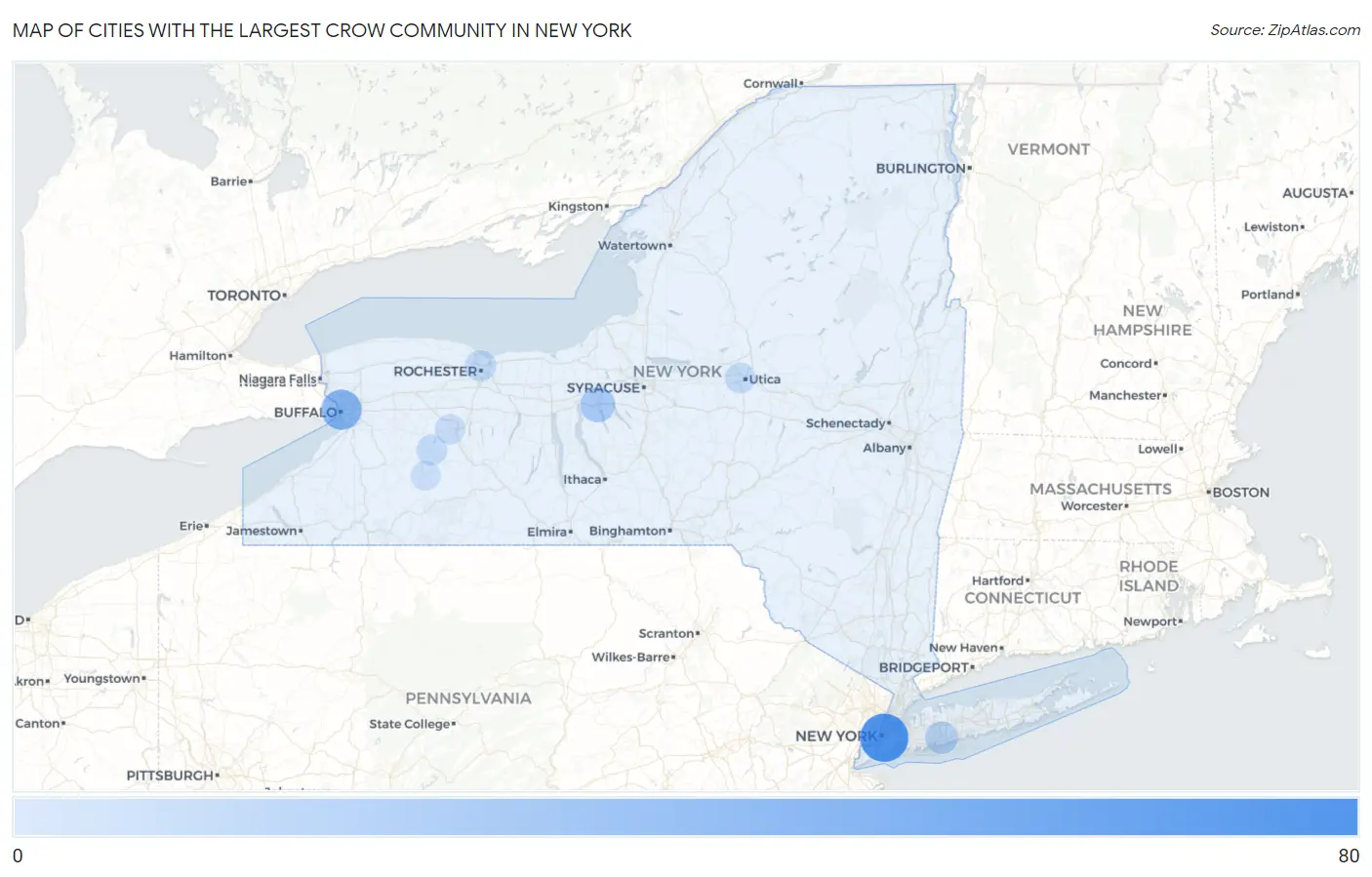 Cities with the Largest Crow Community in New York Map