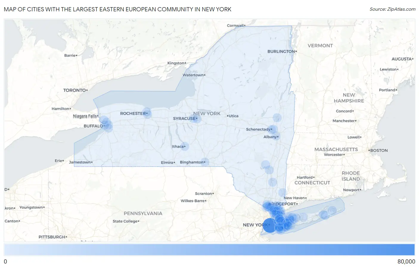 Cities with the Largest Eastern European Community in New York Map