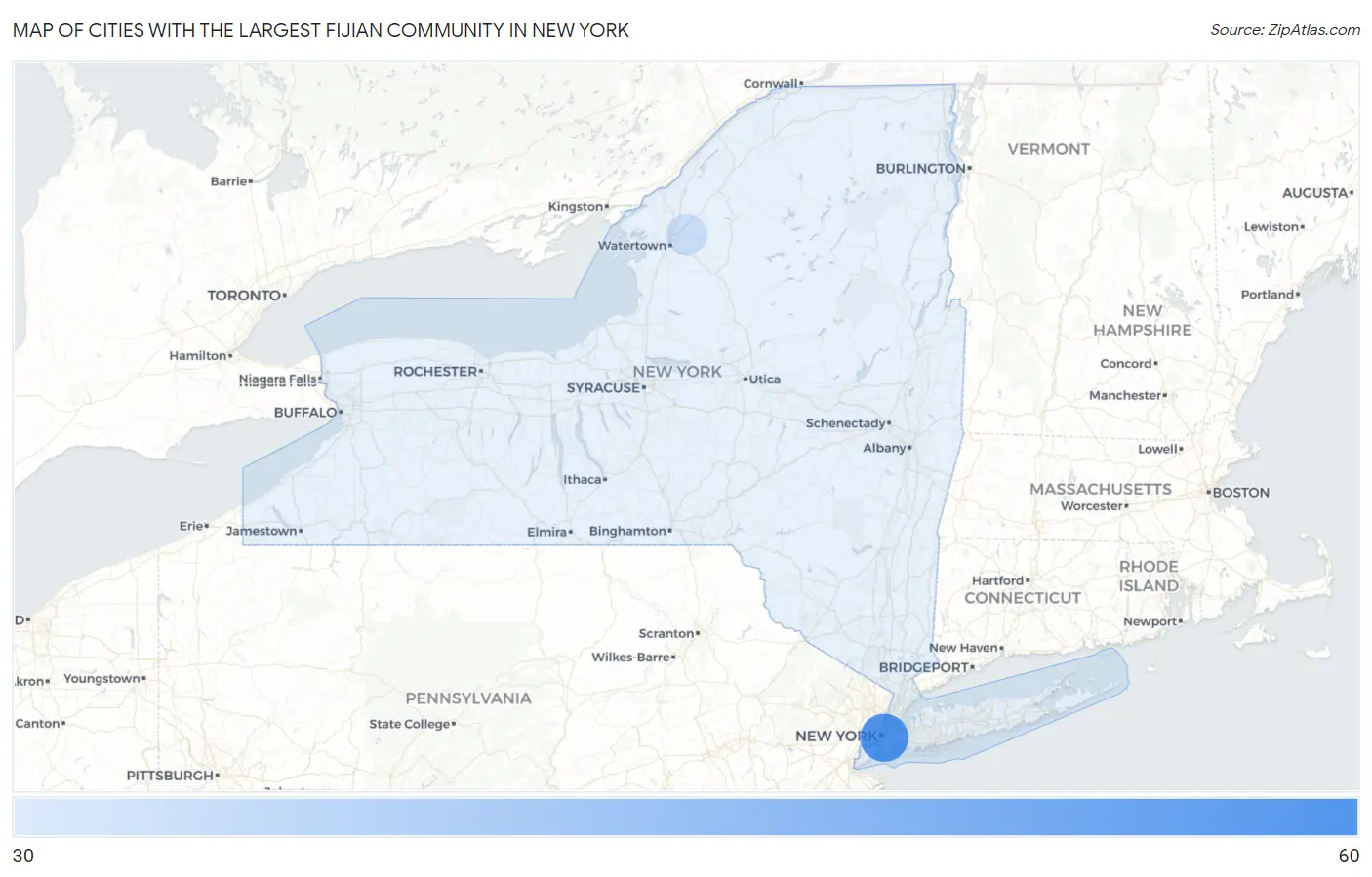 Cities with the Largest Fijian Community in New York Map