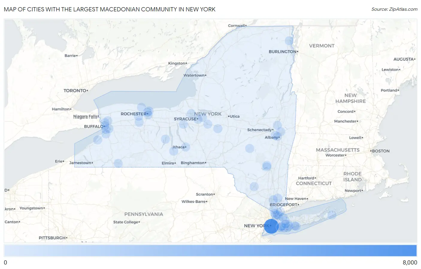 Cities with the Largest Macedonian Community in New York Map