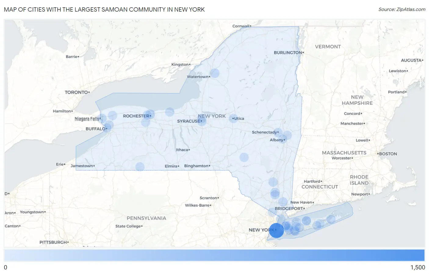 Cities with the Largest Samoan Community in New York Map