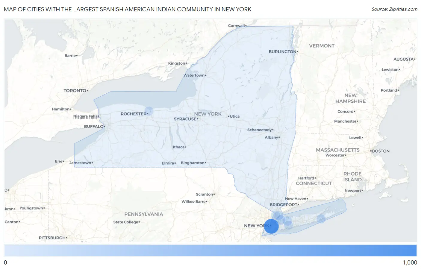 Cities with the Largest Spanish American Indian Community in New York Map
