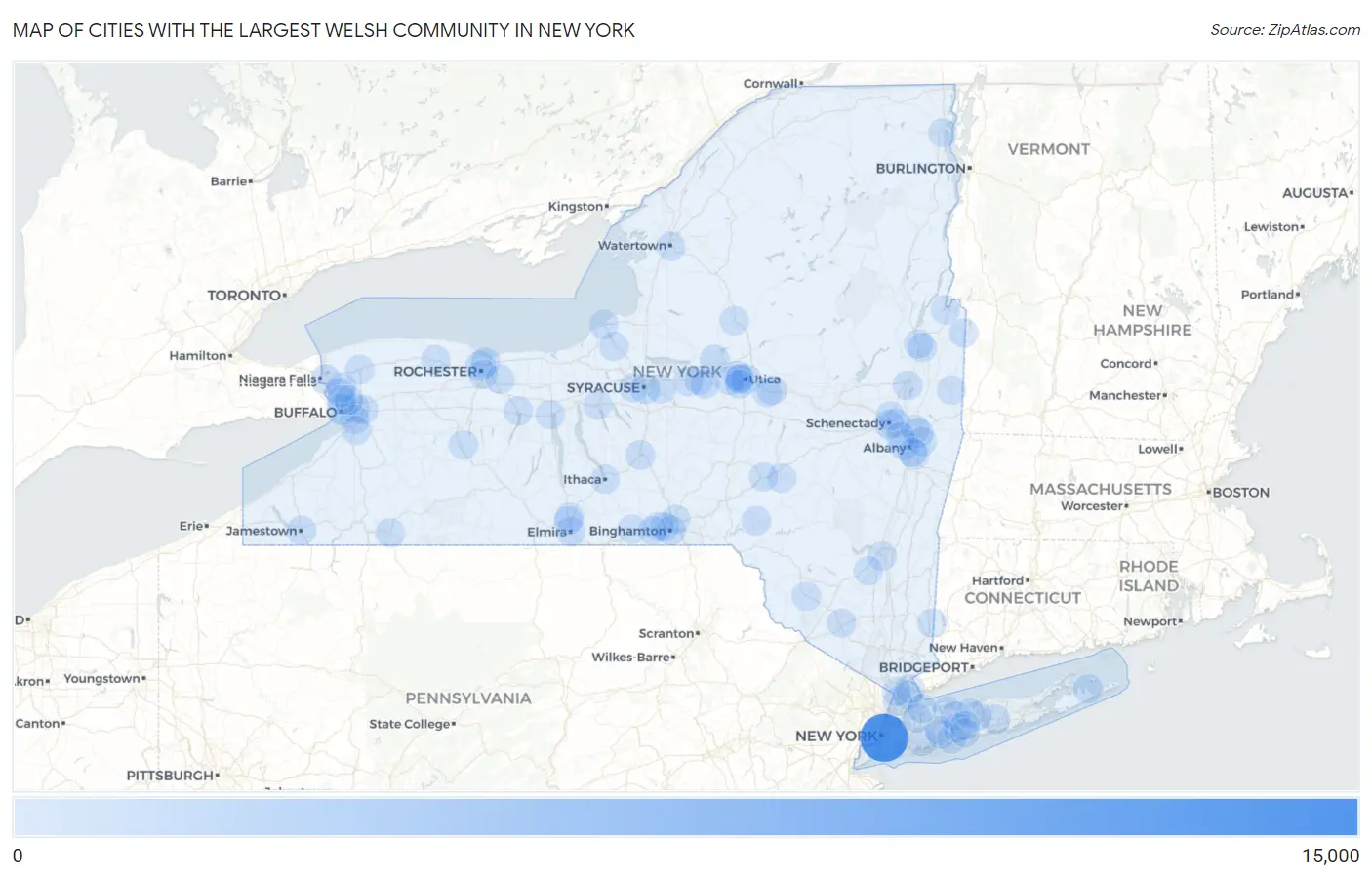 Cities with the Largest Welsh Community in New York Map