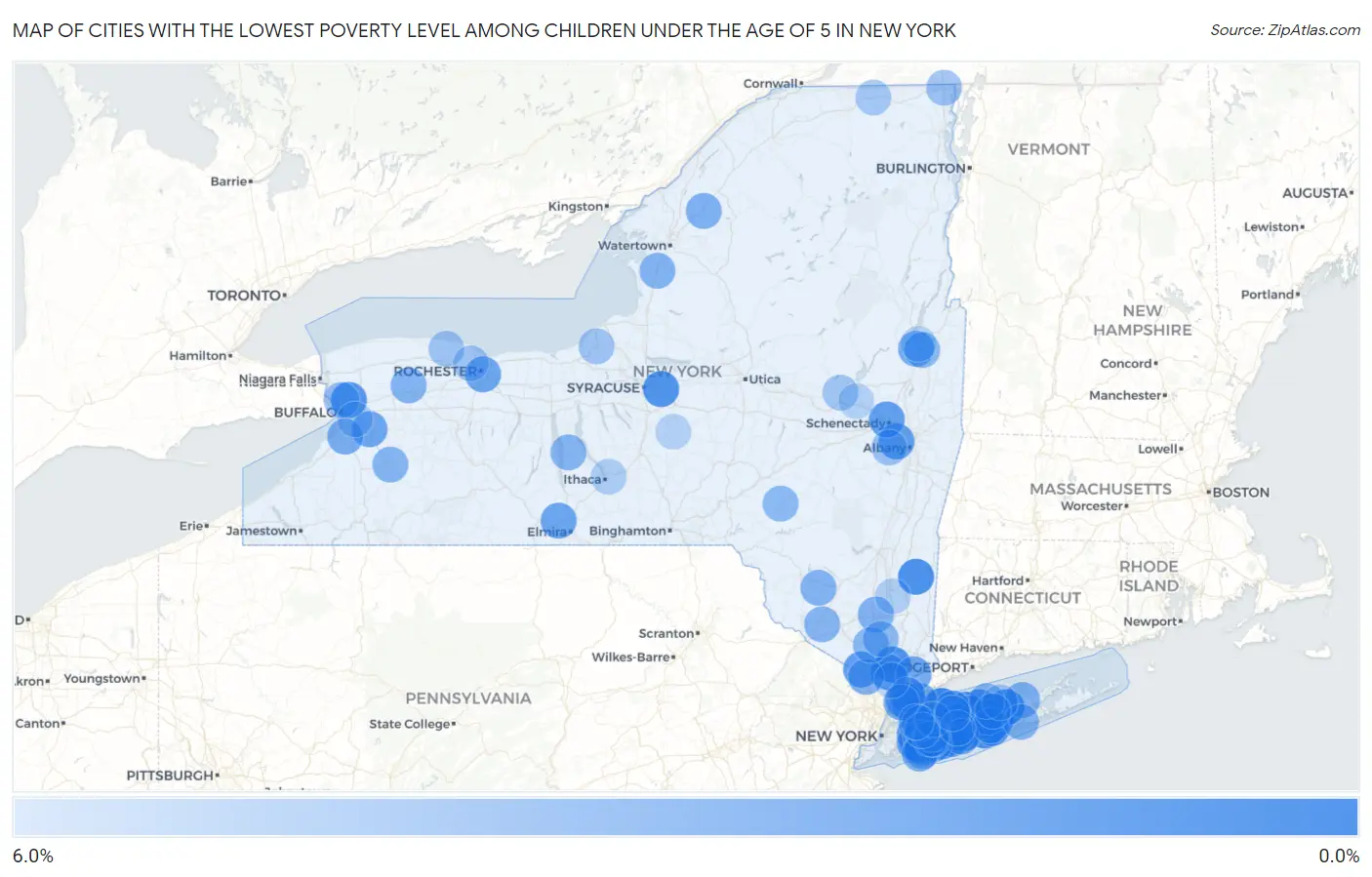 Cities with the Lowest Poverty Level Among Children Under the Age of 5 in New York Map