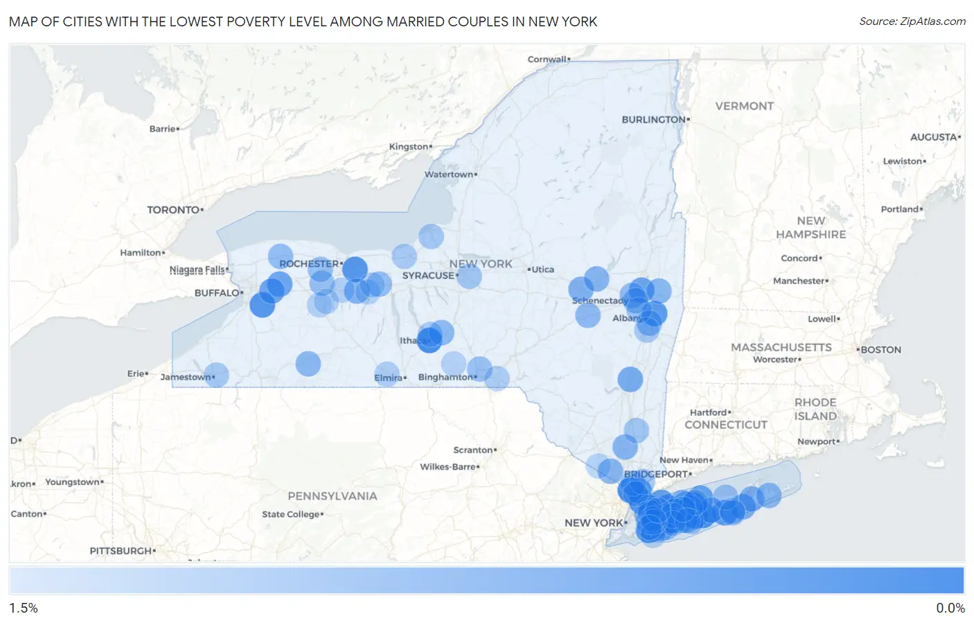 Cities with the Lowest Poverty Level Among Married Couples in New York Map