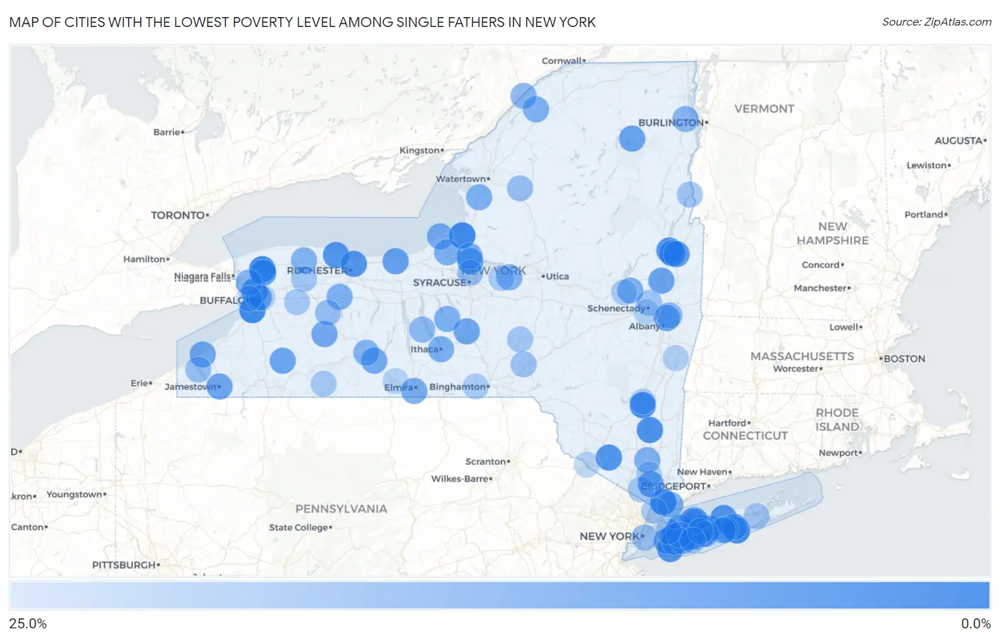 Cities with the Lowest Poverty Level Among Single Fathers in New York Map