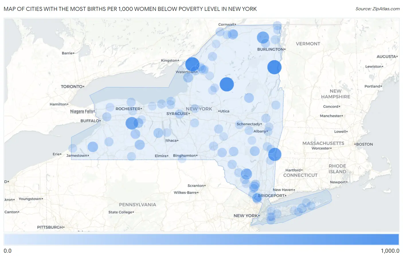 Cities with the Most Births per 1,000 Women Below Poverty Level in New York Map