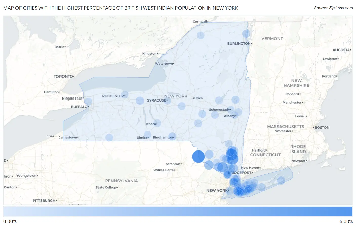 Cities with the Highest Percentage of British West Indian Population in New York Map