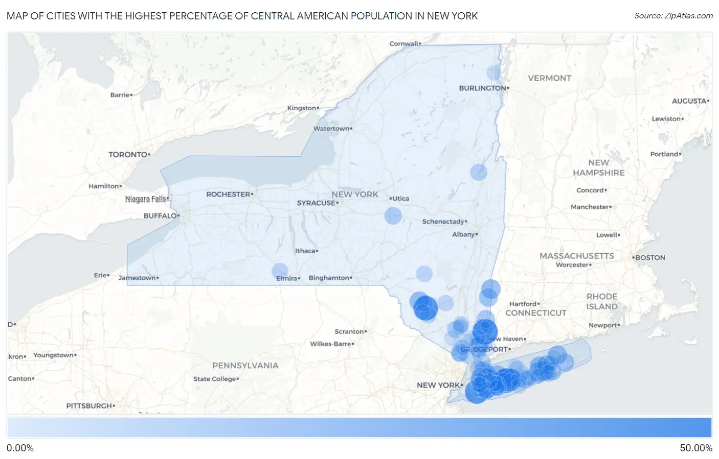 Cities with the Highest Percentage of Central American Population in New York Map