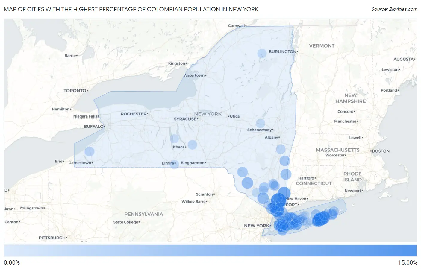 Cities with the Highest Percentage of Colombian Population in New York Map